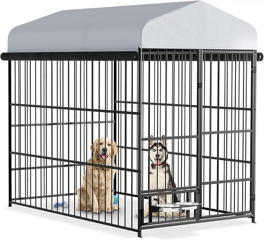 Outdoor Dog Kennel - 6.6 x 3.9 x 5.9 ft Outside Dog Kennel with Roof,Large Dog Outdoor Kennel with Rotating Feeding Bowls for Medium Small Dogs