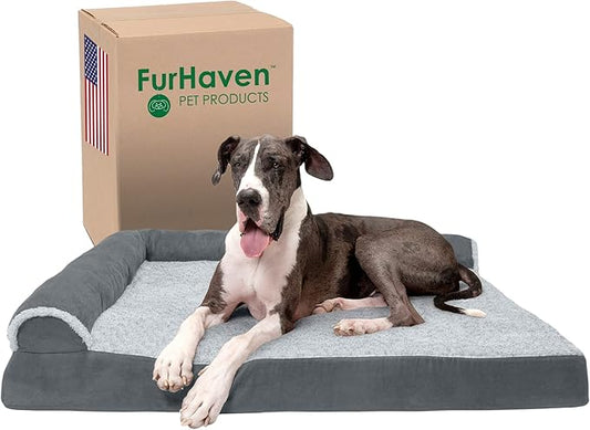 Furhaven Orthopedic Dog Bed for Large Dogs w/ Removable Bolsters & Washable Cover, For Dogs Up to 125 lbs - Two-Tone Plush Faux Fur & Suede L Shaped Chaise - Stone Gray, Jumbo Plus/XXL