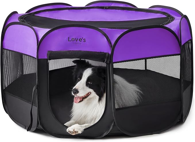 Love's cabin Pet Puppy Dog Playpen, Large Dog Tent Crates Cage Indoor/Outdoor, Portable Playpen for Dog and Cat, Foldable Pop Up Dog Kennel Playpen with Carring Case, Removable Zipper Top, Purple