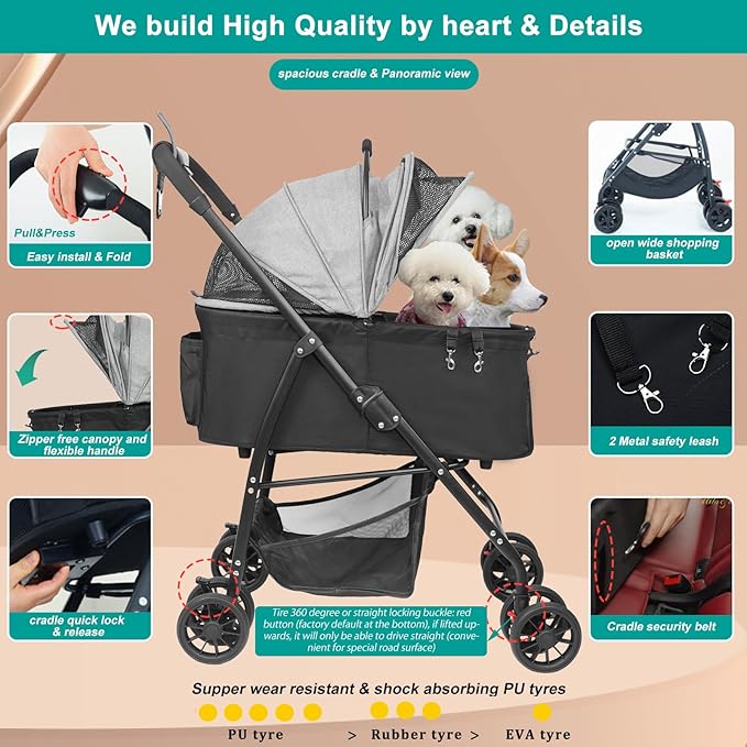 MILA&LOUIS Dog Stroller for Medium Dogs, Lightweigh Pet Stroller for Small Dogs, 4 Upgraded Wheels, Dog Strollers with Cup Holder, Hook, Puppy Stroller with Detachble Spacious Cradle for Multiple Pets