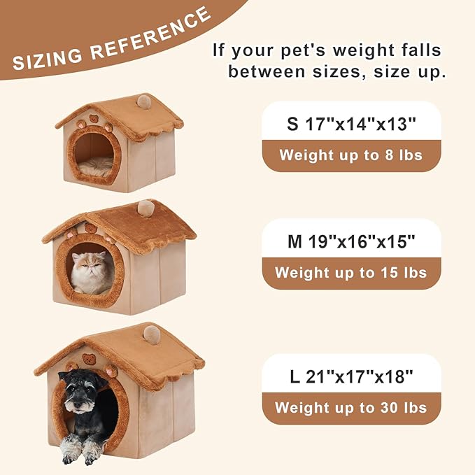 JIUPETY Cute Small Dog House Indoor, Foldable House Kennel Bed Mat with Cushion, L Size Tent Up to 30 Lbs, Dog Cave Bed with Non-Slip Bottom, Brown