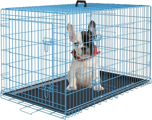 PayLessHere Large Dog Crate Kennel for Medium Large Dogs 24 inches Metal Dog Cage Double-Door Folding Travel Indoor Outdoor Puppy Playpen with Divider and Handle Plastic Tray,Blue