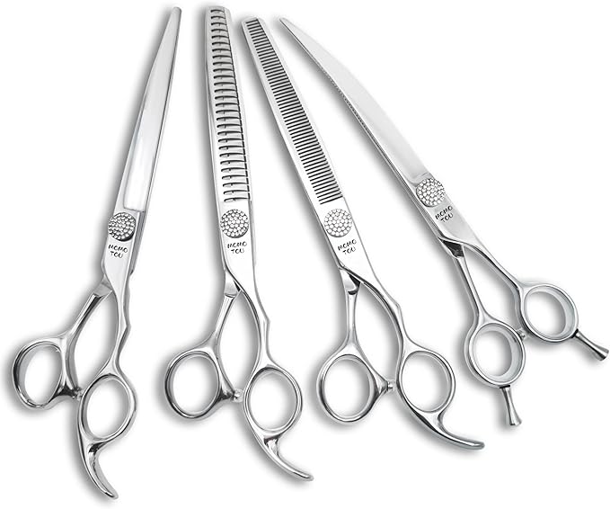 Polished Dog Grooming Scissors Set with Simulation Diamond 440C Stainless Steel Thinner Curved Straight Chunker Shears with Comb 7''