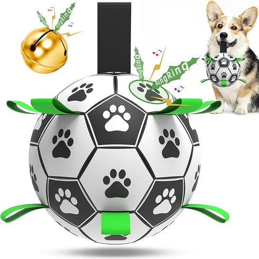 QDAN Dog Soccer Balls Toy with Bell Inside, Outdoor Interactive Dog Toys for Tug of War, Puppy Birthday Gifts, Dog Water Toy, Durable Ropes Squeaky Soccer Dog Ball for Small and Medium Dogs (6 INCH)