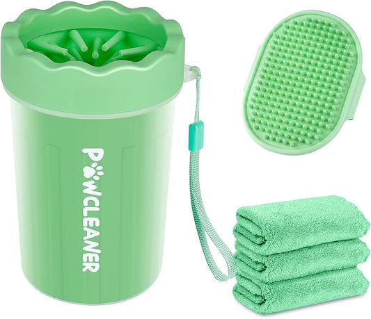 Dog Paw Cleaner for Dogs, (with 3Pcs Absorbent Towels & Adjustable Dog Bath Brush) Dog Paw Washer,Buddy Muddy Pet Foot Cleaner (Light Green, Medium)