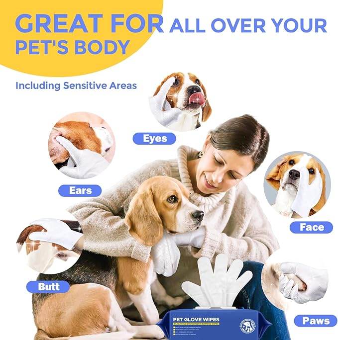 Pet Cleaning Glove Wipes for Dogs & Cats, Hypoallergenic Deodorizing Disposable No-Rinse Grooming Wipes, Wipes, Perfect for Pet Dry Cleaning, Daily Care and Travel, Coconut Scent, 48 pcs