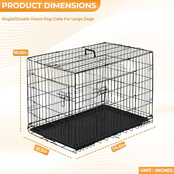 PayLessHere Large Dog Crate Kennel for Medium Large Dogs 24 inches Metal Dog Cage Double-Door Folding Travel Indoor Outdoor Puppy Playpen with Divider and Handle Plastic Tray,Black