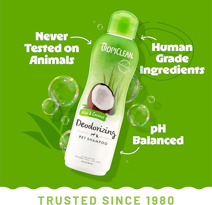 TropiClean Deodorizing Dog Shampoo for Smelly Dogs, Powerful Odor Control, Puppy Safe, Made in the USA, Aloe & Coconut Scent, Cat Friendly, 20oz.