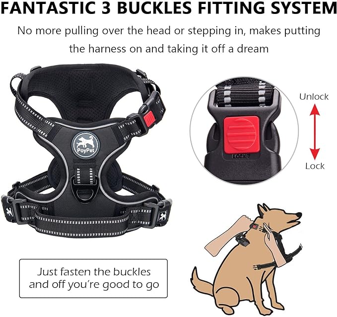 PoyPet Dog Harness No Pull, Reflective Adjustable No Choke Pet Vest with Front & Back Clips, Soft Padded and Control Training Handle for Large Dogs(Black,XL)