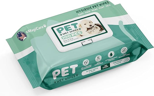 MAGICARE Dog Wipes for Paws, Butt, Ears & Eyes – 100 Extra Wet & Thick Unscented Grooming Pet Wipes for Dogs & Cats – Deodorizing, Hypoallergenic – Made in USA