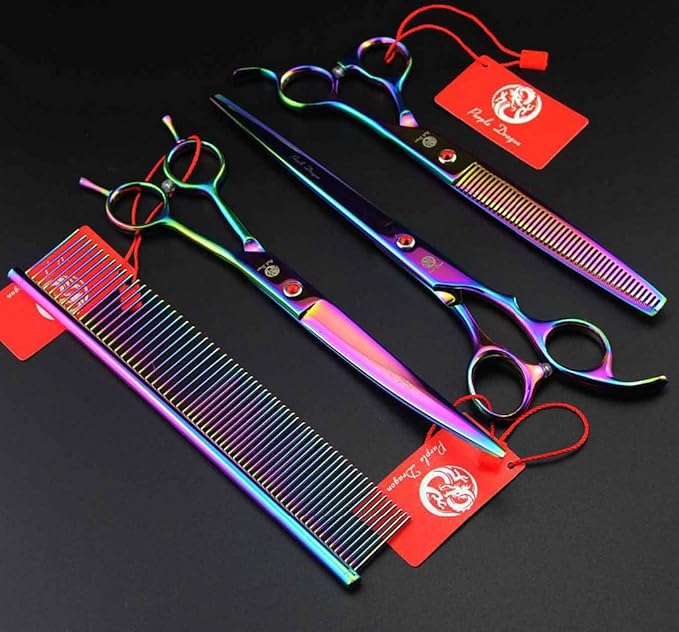Purple Dragon 8.0" Titanium Multicolor Professional Pet Grooming Scissors Set,Straight & Thinning & Curved Scissors Shear with Bag for Dog Cat Grooming