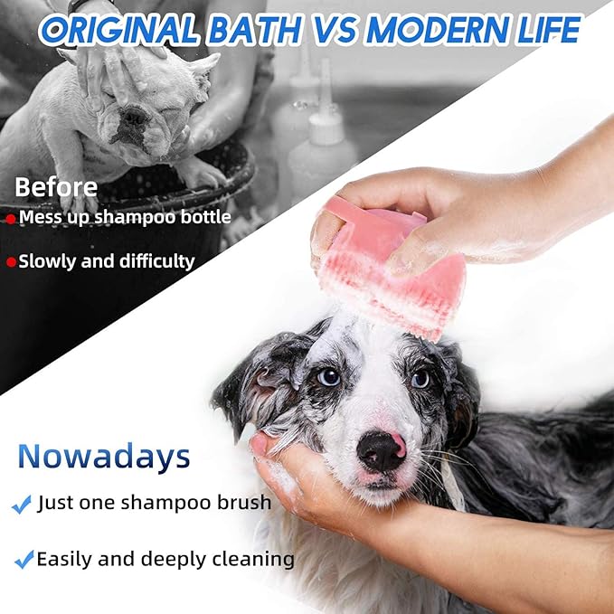 Dog Cat Bath Brush, Silicone Massage Brush with Shampoo Dispenser, for Short Haired Dogs Cats Shower