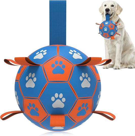 QDAN Dog Ropes Toys Soccer Ball with Straps, Interactive Dog Toys for Tug of War, Puppy Birthday Gifts, Dog Tug Toy, Dog Water Toy, Durable Dog Balls for Medium & Large Dogs- Blue&Orange(8 Inch)