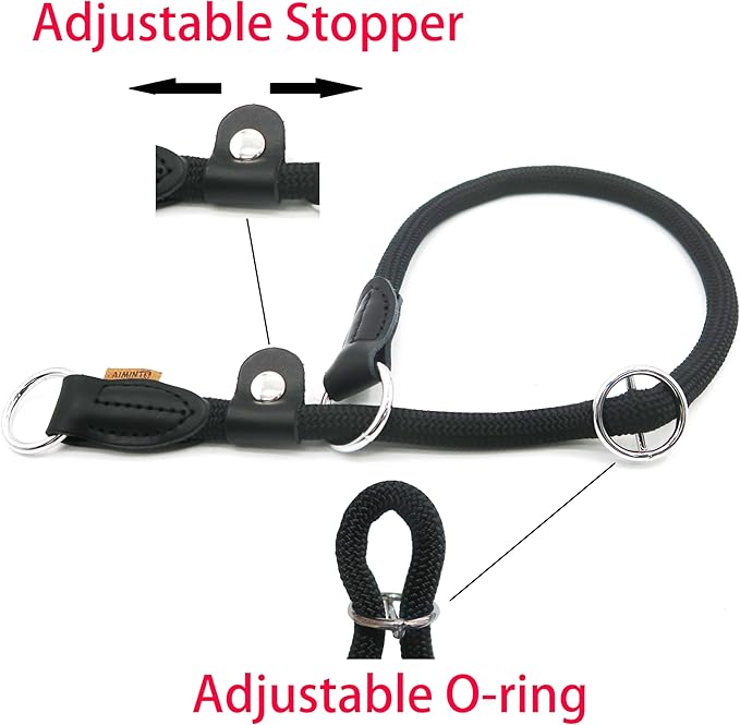 Braided Rope Collar, Training Dog Collar, Round Martingale Collar, Slip Collar with Adjustable Stopper and Slidable Stop Ring - Ideal for Small Dogs (S(1/4") - 14" Long, Black)