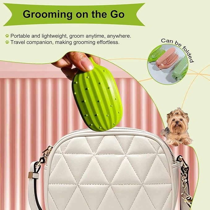 Foldable Cactus Puppy Brush Small Dogs Soft Bristles Grooming Tool Yorkie Shih Tzu Maltipoo Maltese (Dark Green)