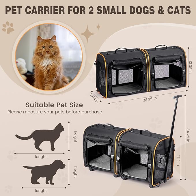 2-in-1 Cat, Dog Carrier for Pets up to 30 Lbs, Double Pet Carrier Car Travel Portable Twin Compartment Pet Kennel Dog Crate Set with Litter Box, Bowl for Outdoor Camping