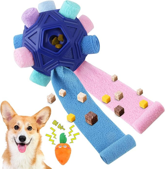 Dog Snuffle Ball-Interactive Puzzle Dog Toys Encourage Natural Foraging Skills Slow Feeder for Training and Stress Relief, Cloth Strip Hiding Food Chew Toys for Any Size Dogs with Squeaky Carrot