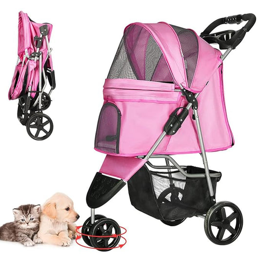 Dog Stroller for Small Dogs, Portable Pet Stroller for Cats Folding Puppy Stroller Lightweight Dog Cat Cage Jogger Stroller with Storage Basket and Cup Holder, 3 Wheels, Pink