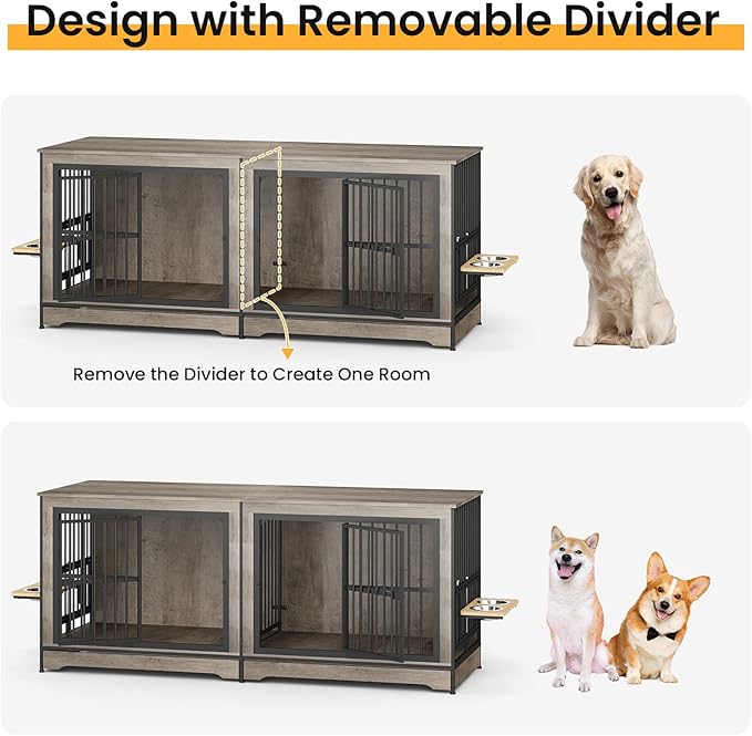 78'' Double Dog Crate Furniture for 2 Dogs, Double Dog Kennel with 360° Rotating and Adjustable Height Dog Bowl Holder with 4 Bowls, Grey Dog Kennel with Divider for Small Medium Large Dogs