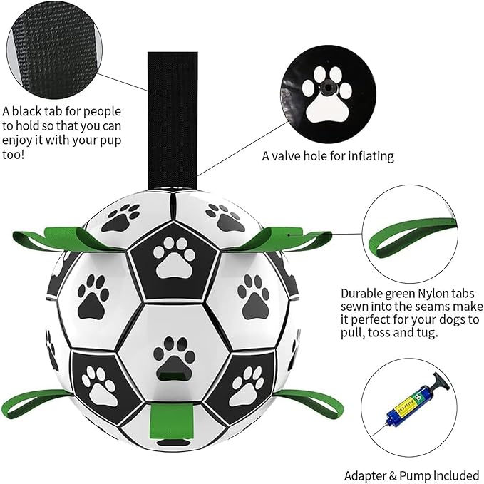 QDAN Dog Toys Soccer Ball with Straps, World Cup Interactive Dog Toys for Tug of War, Puppy Birthday Gifts, Dog Tug Toy, Dog Water Toy, Durable Dog Balls for Medium Large Dogs(8 Inch)