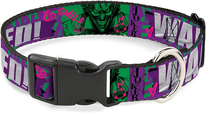 DC Comics Pet Collar, Dog Collar Plastic Buckle, The Joker Wanted Smiling Pose and Graffiti Purples Greens, 15 to 24 Inches 1.0 Inch Wide