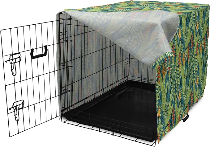 Lunarable Tropical Dog Crate Cover, Exotic Bird of Paradise Blossoms Banana and Areca Fan Palm Leaves, Easy to Use Pet Kennel Cover for Small Dogs Puppies Kittens, 22 Inch, Yellow Green and Dark Teal