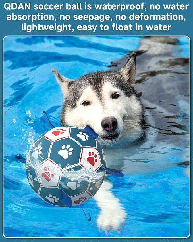 QDAN Dog Toys Soccer Ball with Straps - Durable Dog Balls for Giant Extra Large Dogs, Outdoor Dog Toys, Dog Water Toy, Herding Ball, Dog Birthday Gifts (10 Inch)