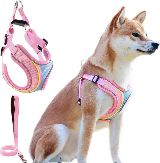 No Pull Dog Harness with Leash Set All Weather Soft Padded Mesh Reflective X Shape Adjustable Step in Vest Harness for Small and Medium Dogs Big Cat M Pink