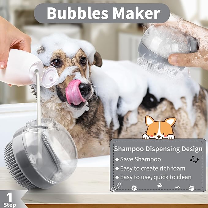Comotech 3PCS Dog Bath Brush Scrubber | Shampoo Brush with Adjustable Ring Handle for Short & Long Hair (Gray, Black, Gray)