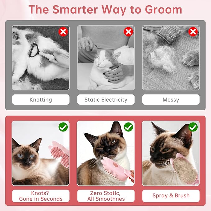 Steam Brush for Cats, 3 in 1 Steam Comb for Shedding Dog Pet Hair Cleaning Brush for Spray Dog Grooming for Long & Short Haired Pets – Cat Hair Spritz Defur Comb
