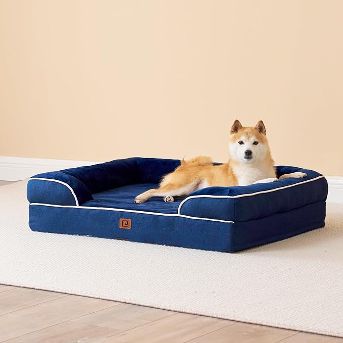 EHEYCIGA Orthopedic Dog Beds for Large Dogs, Waterproof Memory Foam Large Dog Bed with Sides, Non-Slip Bottom and Egg-Crate Foam Large Dog Couch Bed with Washable Removable Cover, Navy