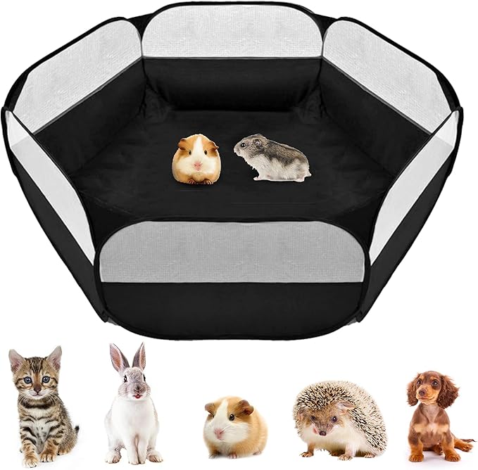 Small Animals Playpen, Outdoor/Indoor Pop Open Pet Exercise Fence, Guinea Pig Accessories Metal Wire Yard Fence C&C Cage Tent for Rabbits, Hamster, Chinchillas and Hedgehogs (Black no Cover)