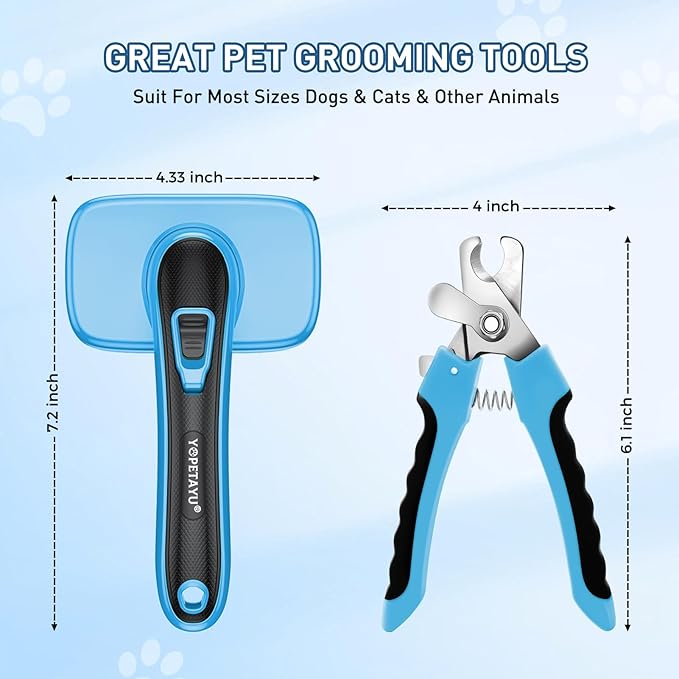 Dog Brush for Shedding, Self-Cleaning Slicker & Comb, Nail Clipper, Bath Brush, Undercoat Rake. Removes Mats, Tangles, Fur. 6 PCS Kit for Small To Large Dogs, Short & Long Haired Pets. Blue