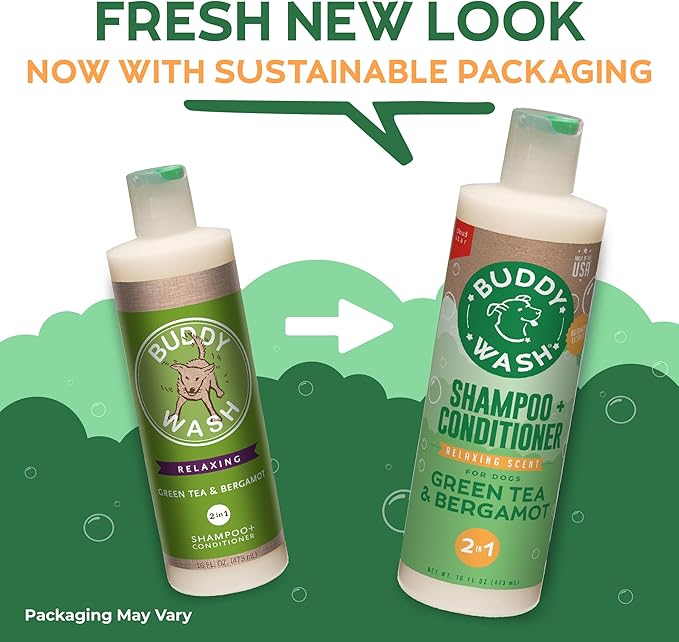 Buddy Grooming Wash 2 in 1 Dog Shampoo, Green Tea & Bergamot, 16 oz. Bottle