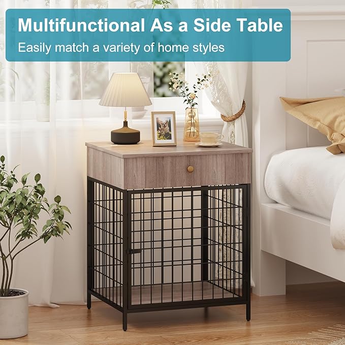 Dog Crate Furniture, Wooden Dog Crate End Table,Dog Kennel with Drawer Indoor, Furniture Dog Crate Side Table for Small Dogs