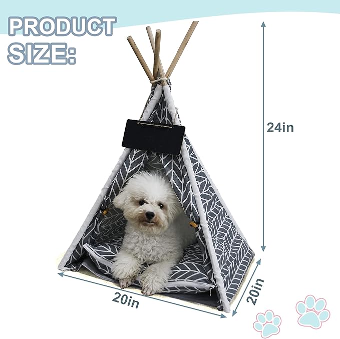 Pet Teepee, Portable Pet Tents for Small Dogs or Cats, Puppy Sweet Bed Washable Dog or Cat Houses with Cushion(Grey,24")