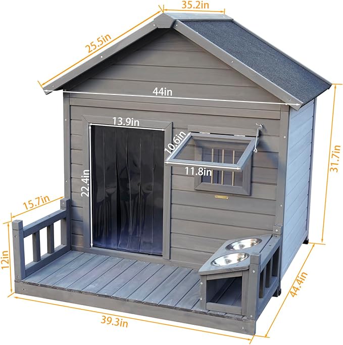Outdoor Large Dogs House with Spacious Terrace,Open Waterproof Asphalt Roof Dog Kennel W/Breathable Window & 2 Feeding Stainless Bowls,Removable Floor Dog Cage for Large Dogs,Gray