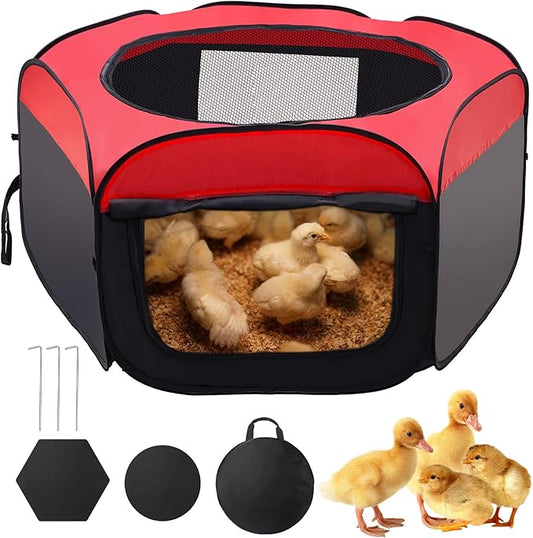 Foldable Brooder Box for Chick,Chick Fence Portable Dog Playpen Cage with Floor Mat, Large Dog Tent Oxford Fabric Cage Indoor/Outdoor, Red and Black