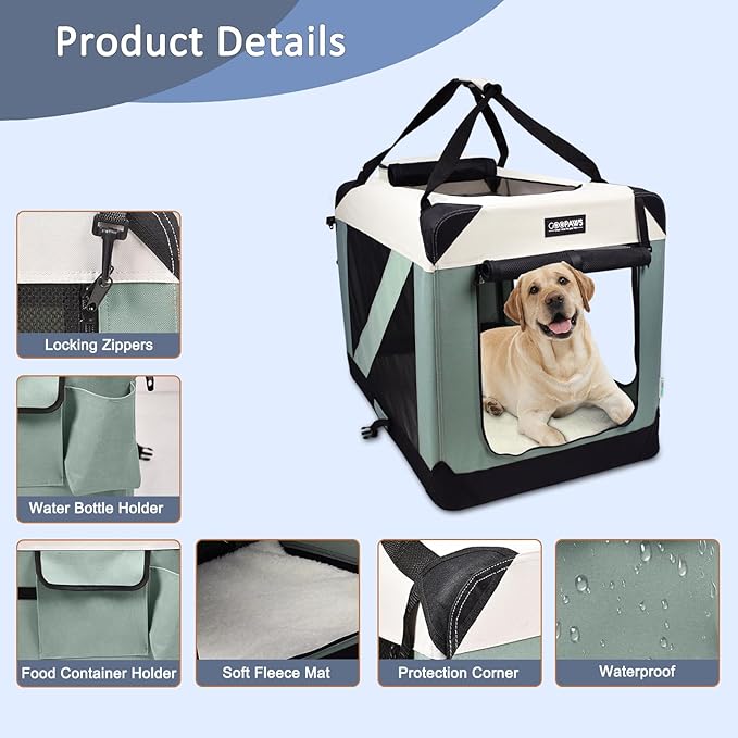 JESPET Soft Dog Crates Kennel for Pets, 3 Door Soft Sided Folding Travel Pet Carrier with Straps and Fleece Mat for Dogs, Cats, Indoor & Outdoor Use (5-Shale Green, X-Large(36" L x 24" W x 27" H))