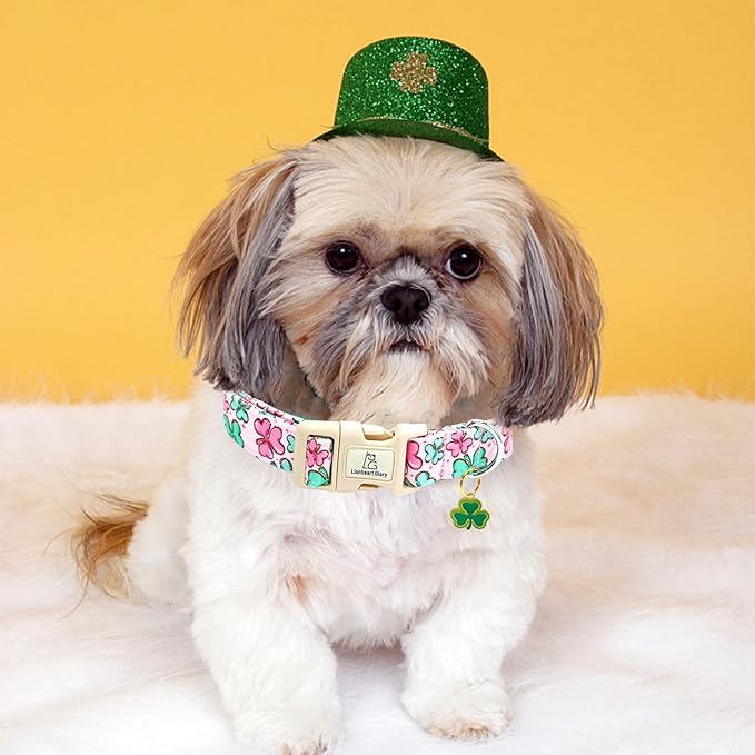 Lionheart glory St. Patrick's Day Dog Collar, Clover Collars Pink Dog Collar for Small Dogs Spring Female Dog Collar Adjustable Heavy-Duty Puppy Collar Pet Gift Plastic Buckle