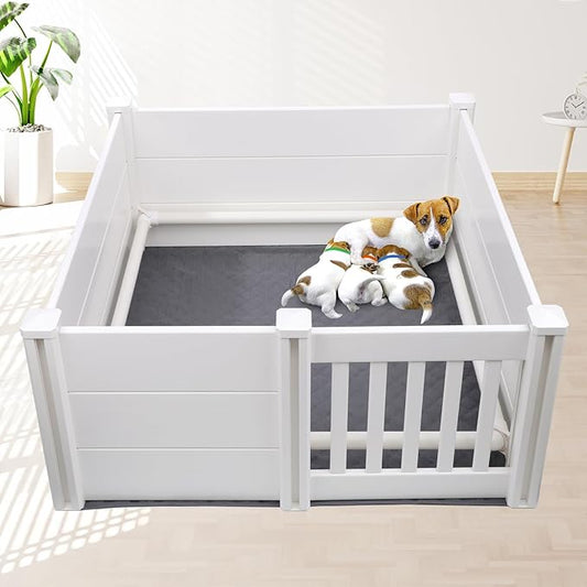 Whelping Box for Dogs and Puppies with Pig Rails and Waterproof Whelping Pad, 38×38×18in Puppies Playpen with Adjustable Height Door ID Collars for Medium Small Dogs
