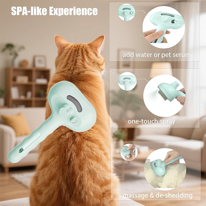 3 - in - 1 Pet Steam Brush for Cats & Dogs - Suitable for All Hair Types! One - Click Spray; Comfortable Massage; Superior Deshedding & Skin Care; Quiet Operation at ≤36dB (Green)