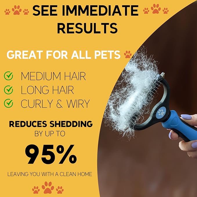 Pret & Lively 2 in 1 Pet Hair Dematting Tool, Tough Mats and Tangles, Undercoat Rake Comb, Dogs, Cats, Rabbits, Hairy Pets, Holiday Gift, Professional Grooming Brush For Deshedding, Extra Wide (Blue)