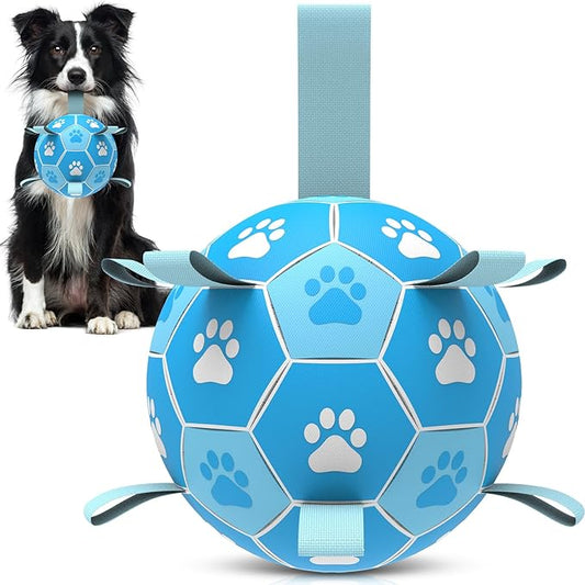 QDAN Dog Toys Balls Dog Soccer Ball with Straps, Dog Balls for Tug of War, Interactive Dog Toys, Dog Birthday Gifts, Durable Dog Water Toy for Small Medium Dogs(6 Inch)