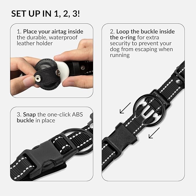 CollarDirect Airtag Dog Collar Reflective Nylon Neoprene Leather Holder for Apple Air Tag for Large, Medium, and Small Dogs (Black, M, 13.5-16.5 Inch)