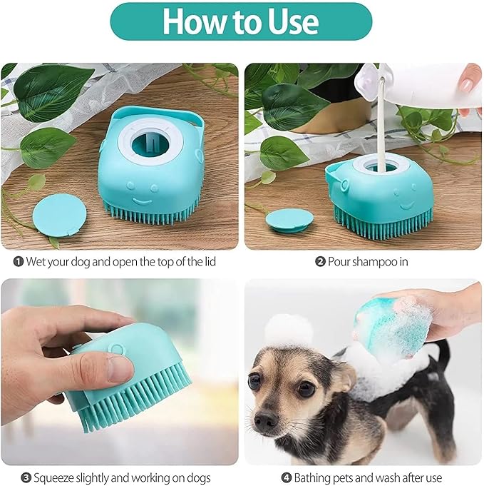 Dog Bath Brush - Pet Grooming Brush with Soap Dispenser - Soft Silicone Dog Shampoo Brush Scrubber - Short Long Haired Dogs and Cats Washing - PINK & GREEN 2 Count