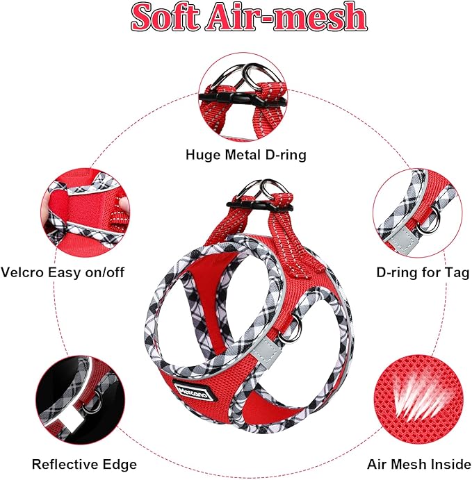 Mercano Soft Mesh Dog Harness and Leash Set, No-Chock Step-in Reflective Breathable Lightweight Easy Walk Escape Proof Vest Harnesses with Safety Buckle for Small Medium Dogs, Cats (Red, XS)