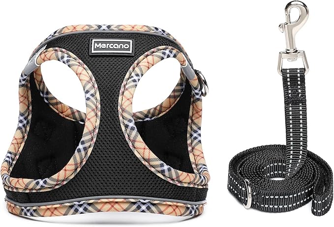 Mercano Soft Mesh Dog Harness and Leash Set, No-Chock Step-in Reflective Breathable Lightweight Easy Walk Escape Proof Vest Harnesses with Safety Buckle for Small Medium Dogs, Cats (Black Yellow, M)