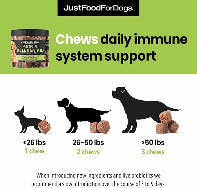JustFoodForDogs Skin & Allergy Care Soft Chews Supplement for Dogs, Seasonal Allergies, Itchy Skin, Inflammation, Immune Support - 45 Count