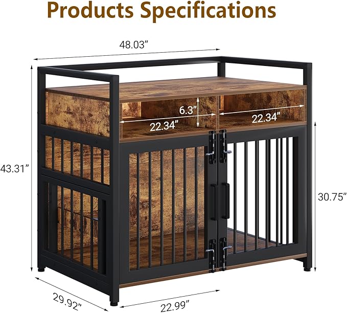 48 Inch Large Dog Crate Furniture for Large Dogs, Heavy Duty Kennel with 2 Drawers Storage, 360° Adjustable Raised Feeder, Wooden Dog Cage Indoor House End Table for Dogs
